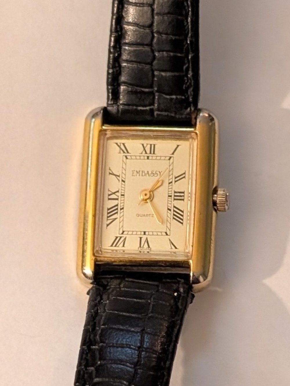 Embassy Women's Gold-Tone Rectangular Watch with Black Leather Strap
